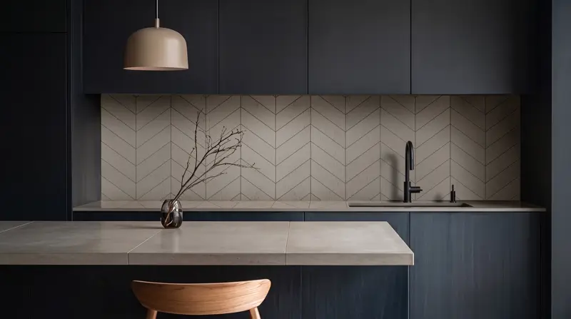  Beton architektoniczny między szafkami w kuchni